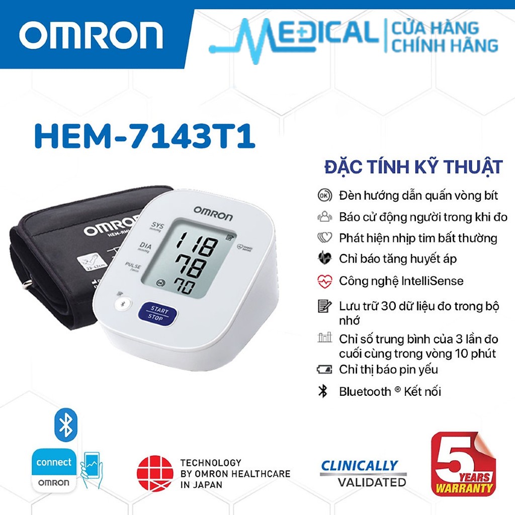 Máy huyết áp bắp tay tự động OMRON HEM-7143T1 "kết nối Bluetooth" bộ nhớ lưu 30 lần đo - MEDICAL