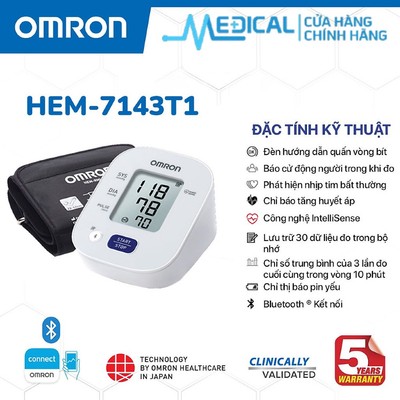 Máy huyết áp bắp tay tự động OMRON HEM-7143T1/EZ BT POWER/ EZ BT Large bộ nhớ lưu 30 lần đo -MEDICAL