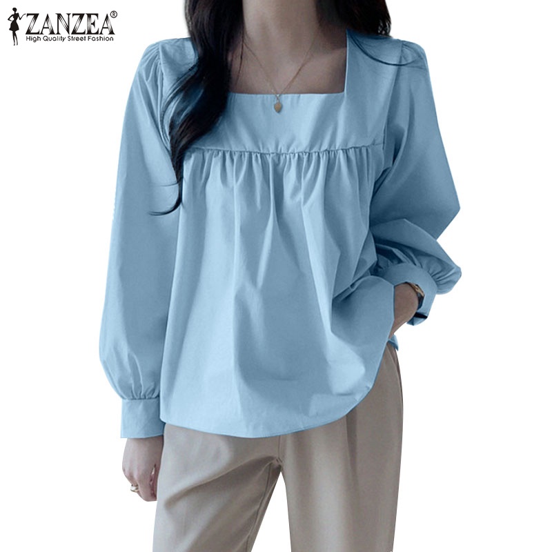 ZANZEA Áo Kiểu Trơn Cổ Vuông Tay Phồng Xếp Ly Thời Trang Hàn Quốc Cho Nữ