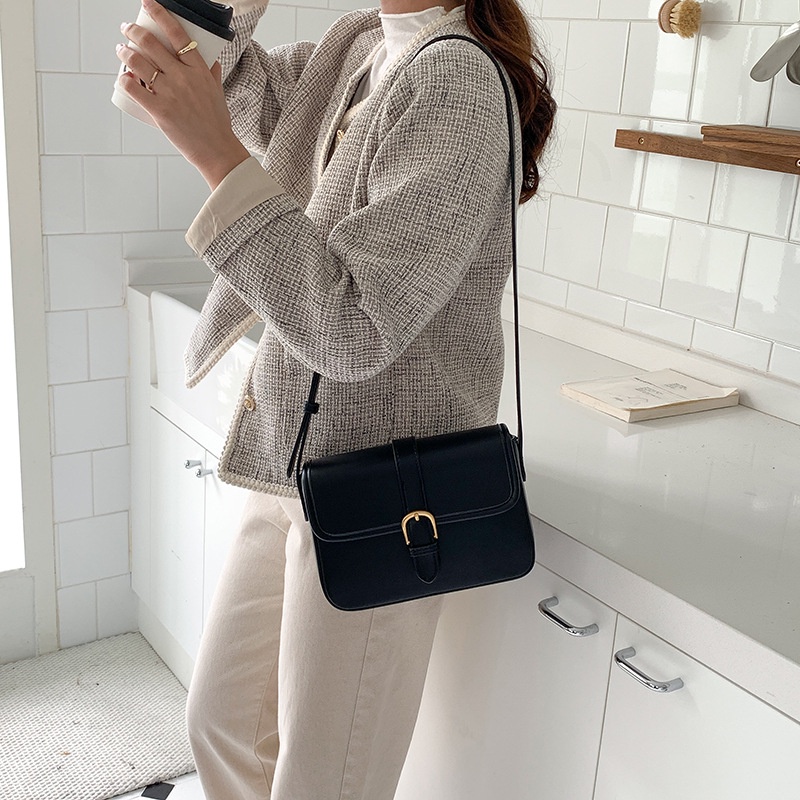 Túi Đeo Chéo Nắp Lật Màu Trơn Phong Cách Hàn Quốc Cổ Điển Cho Nữ