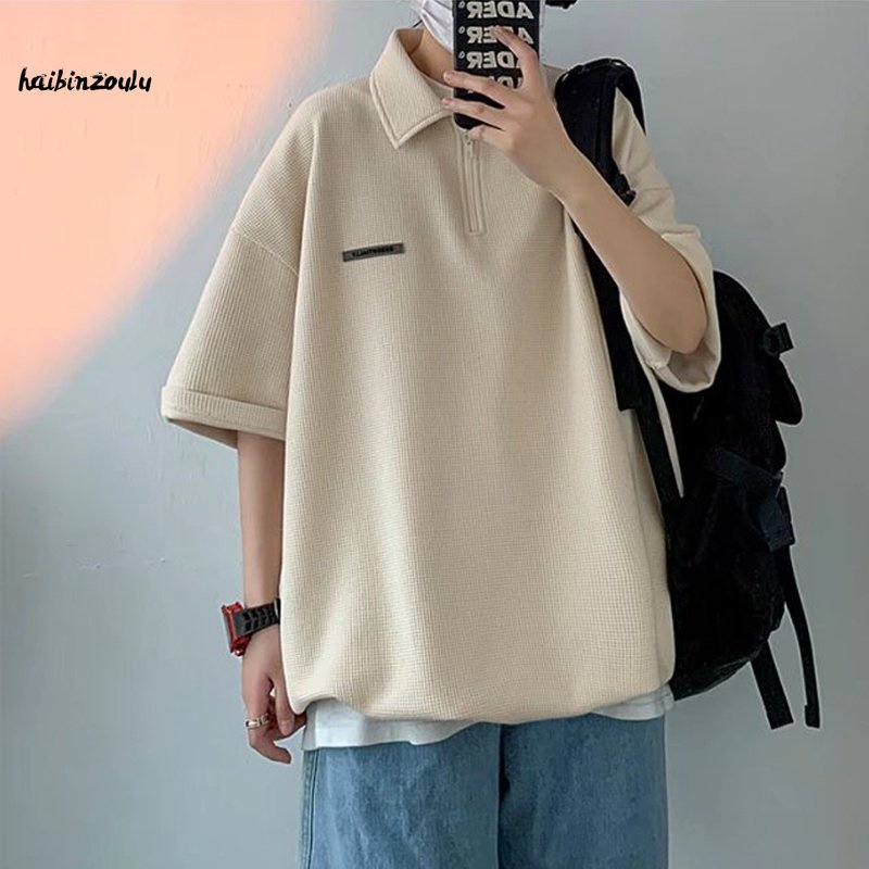 Áo polo HAIBINZOULU vải waffle có khóa kéo tay ngắn dáng rộng phong cách đường phố màu trơn thời trang cho nam M-2XL