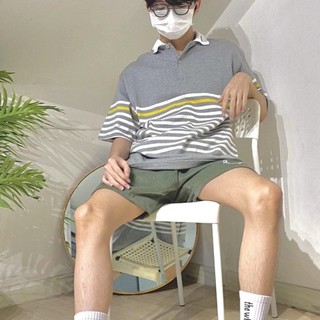 Áo thun cổ polo eggies collar polo sọc xám