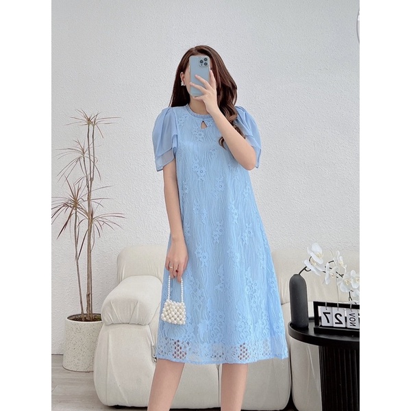 Váy suông A chất ren thêu cao cấp, tay voan tầng 2 lớp, dáng suông dễ mặc