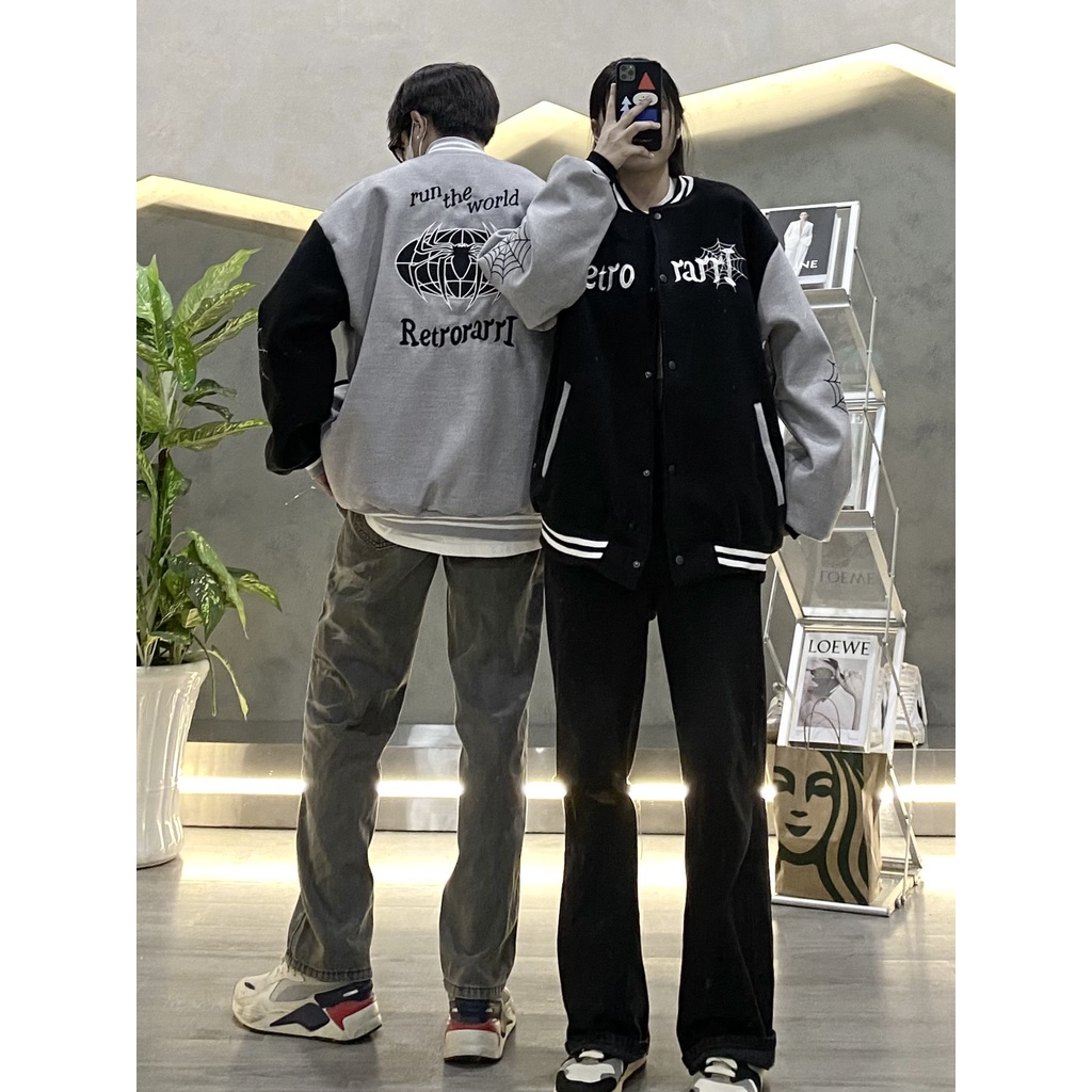 Áo Khoác Bomber Varsity Nỉ Dạ Spider Hình Thêu Full Áo Phối 2 Màu Đen Xám Nam Nữ Unisex