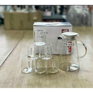 Bộ bình thủy tinh + 6 cốc thủy tinh deli cao cấp
