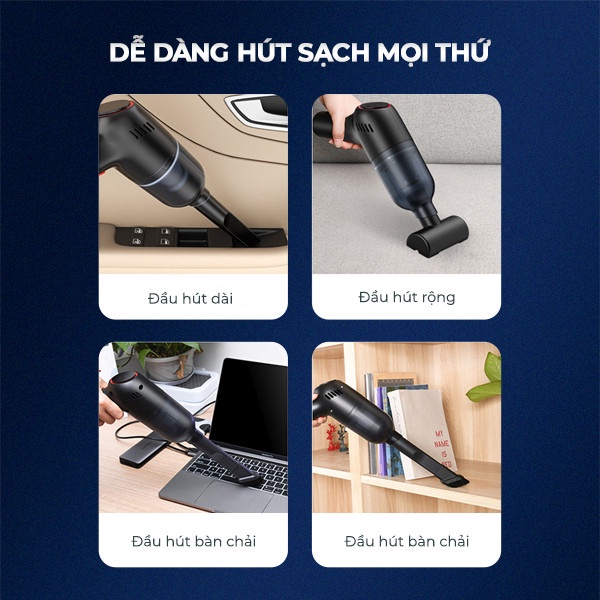 Máy Hút Bụi Cầm Tay Không Dây NEMI Thiết Kế Mini Đi Kèm 3 Đầu Hút Đa Năng Phục Vụ Đầy Đủ Nhu Cầu Cho Cả Gia Đình
