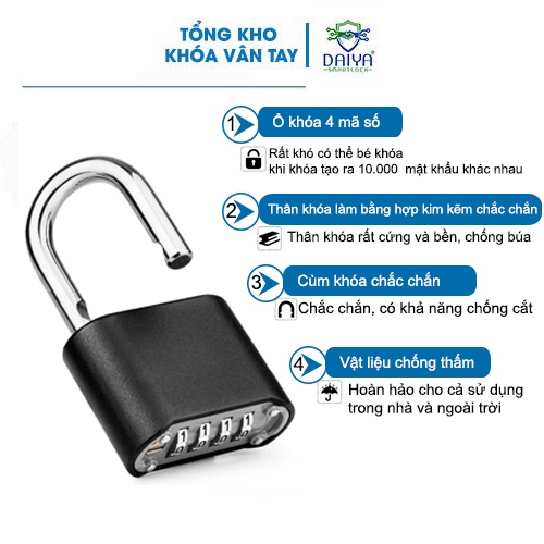 Khóa số DAIYA SMART LOCK HD02 , khóa mật mã 4 mã số hợp kim kẽm cao cấp siêu chống thấm nước