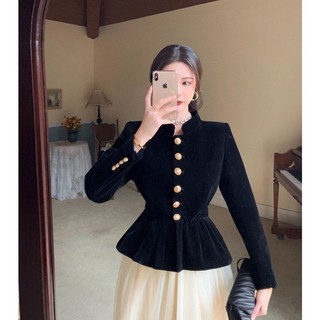 Áo sơ mi nhung cổ tàu peplum cúc đồng tiểu thư sang chảnh