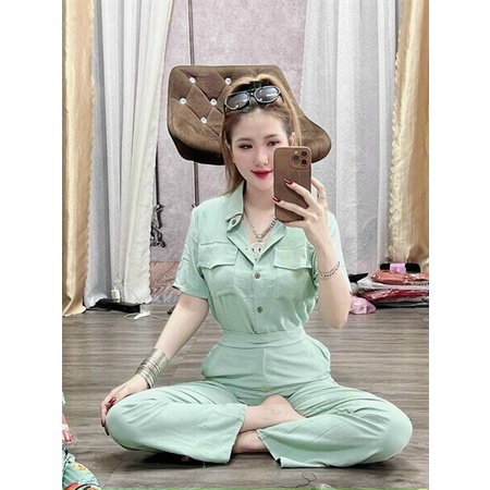 Set bộ sơ mi đũi trơn quần dài, set bộ basic trơn màu áo tay ngắn có túi quần ống rộng trẻ trung