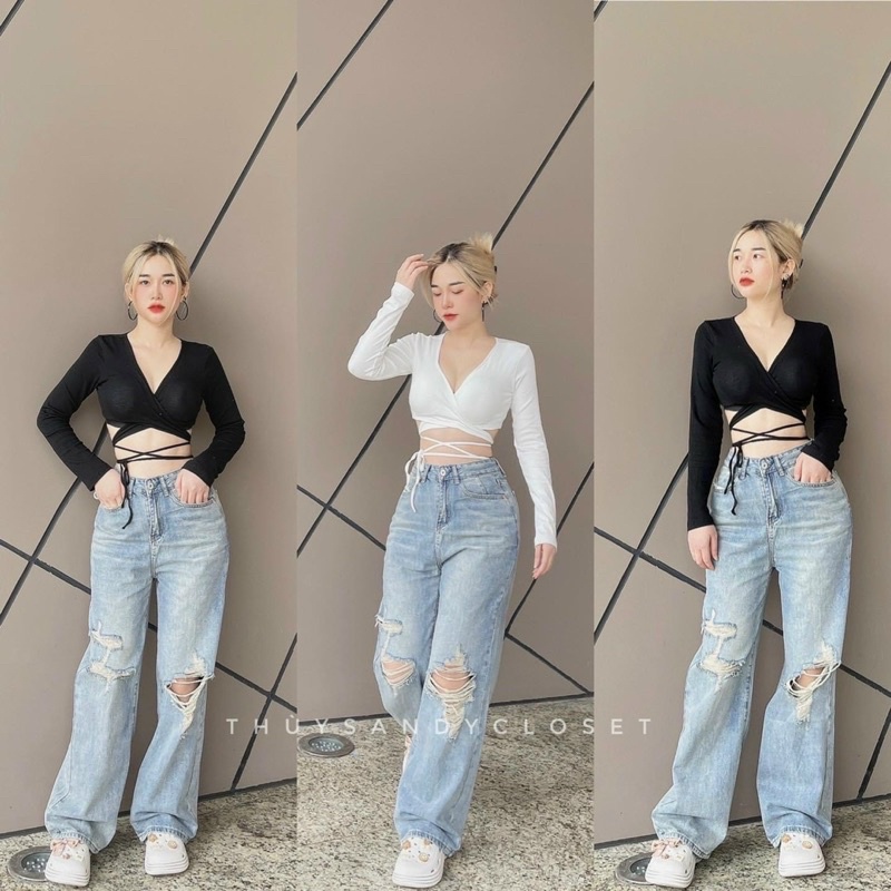 Áo thun Tay Dài Đan Eo Croptop Đắp Chéo Cúp Mút