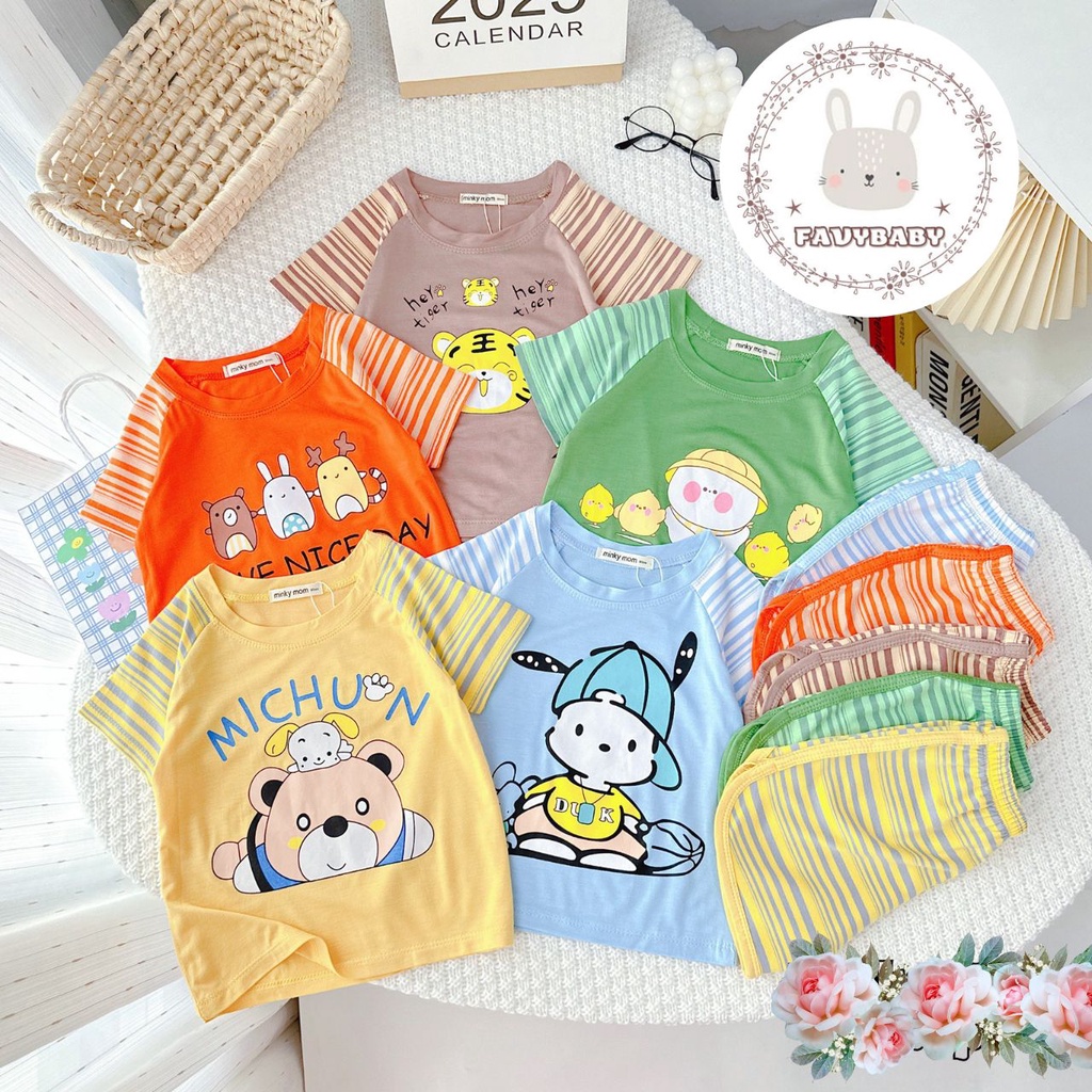 Bộ Cộc Tay MINKY MOM Chính Hãng Thun Lạnh Ghép Tay Sọc Dệt Visco Hình Gấu Gà Con Cute Cho Bé 0 1 2 3 4 5 Tuổi - Favybaby