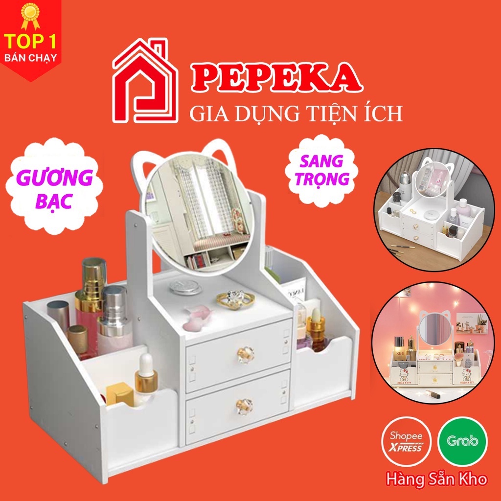 Kệ đựng mĩ phẩm, kệ để đồ trang điểm có gương xinh xắn PEPEKA
