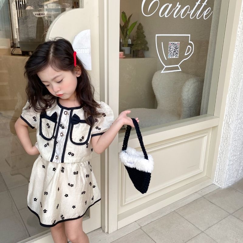 Babyfair. Váy Bé Gái Hai Mảnh Ngắn Tay Phồng Thanh Lịch Dễ Thương Flowy Trẻ Em Quần Áo