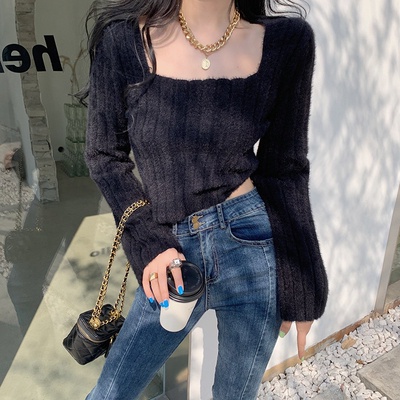 QADCOL Áo sweater Croptop Giả Lông Chồn Cổ Vuông Thời Trang Mùa Thu Cho Nữ