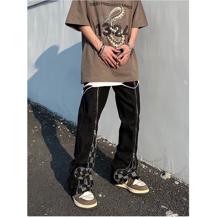 Quần jeans Dài Phối Khóa Kéo Carô Phong Cách hip hop Cho Nam Và Nữ