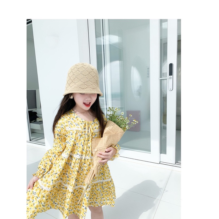 Váy dài tay thu đông hoa nhí vàng cực xinh cho bé gái size nhỡ size đại T05