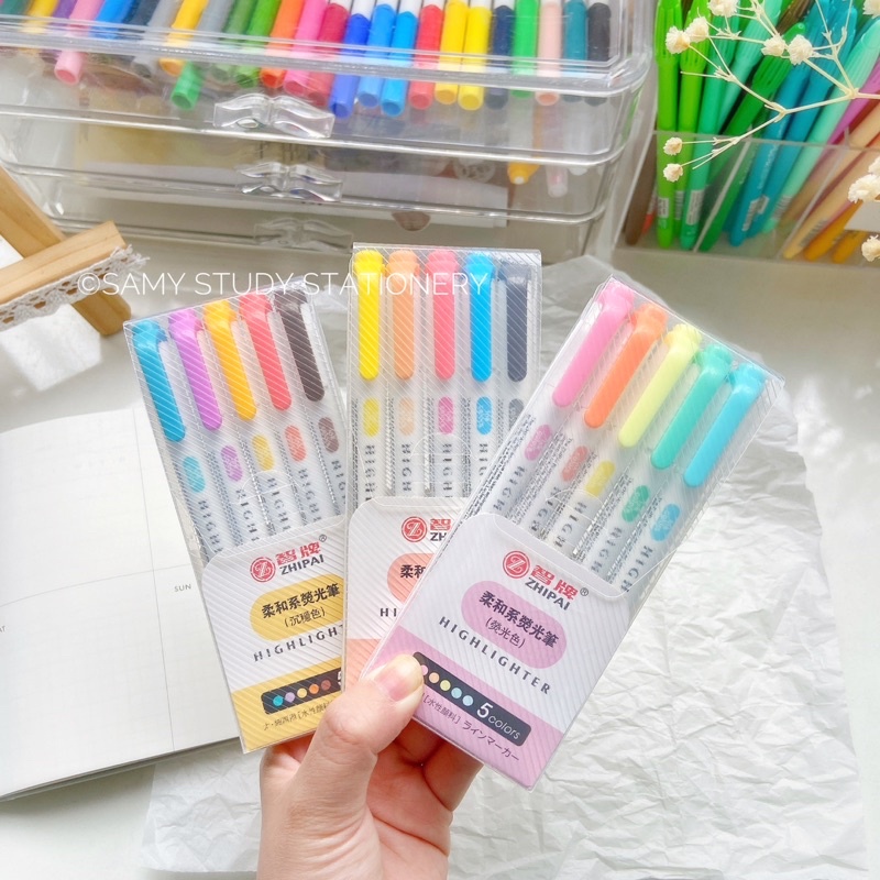 SET 5 CÂY BÚT HIGHLIGHT ĐÁNH DẤU 2 ĐẦU ZHIPAI DUPE ZEBRA MILDLINER TAKE NOTES BULLET JOURNAL