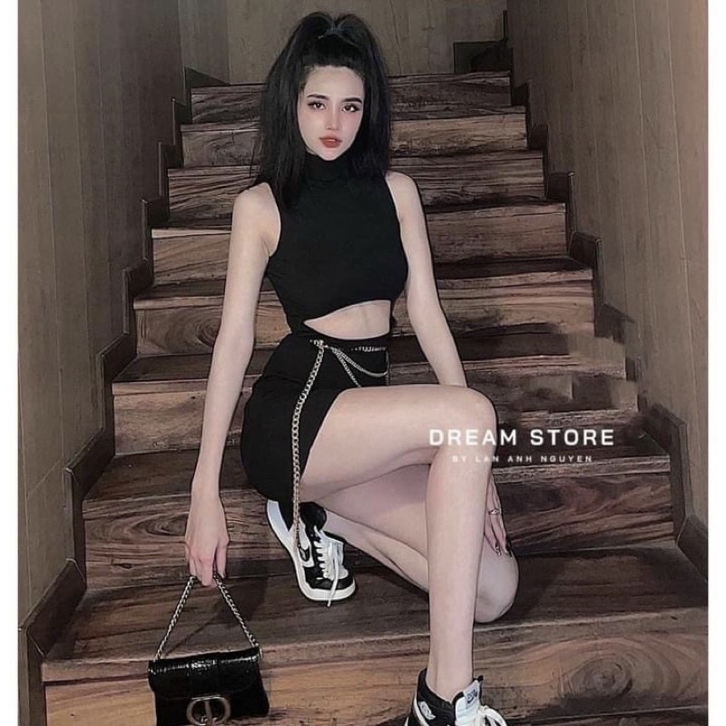 Đầm ba lỗ phối xích ôm body khoét eo chất thun borip dày mịn đẹp
