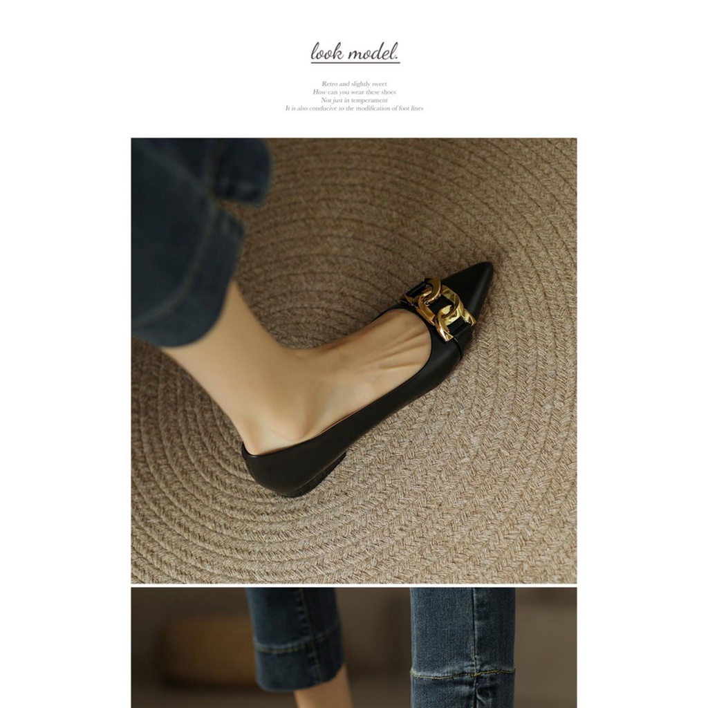 Giày Búp Bê Da Thật Mũi Nhọn Miệng Nông Phối Dây Xích Kim Loại Kiểu Pháp Dễ Phối