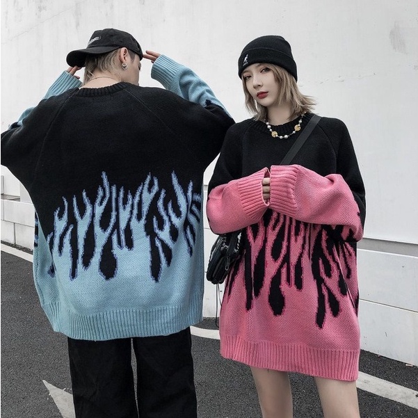 Happy-store ❤️ Áo sweater len nam nữ form rộng ngọn lửa xanh đen, áo sweater nam unisex màu đen thời trang hàn quốc