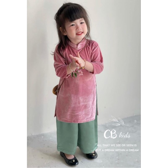 Áo dài cách tân bé gái thêu hoa chất nhung mềm mại 2 chi tiết