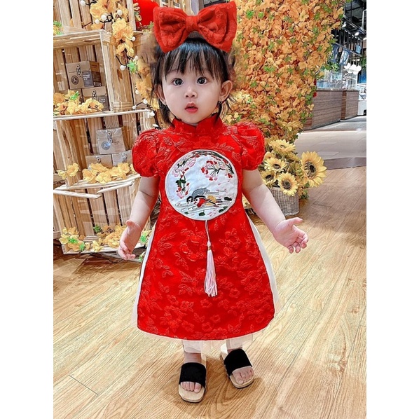 Set 3 món áo dài đỏ cách tân kèm chân váy xòe và kèm cài nơ cho bé gái diện tết - gấm tay phồng sơ sinh - áo quần trẻ em