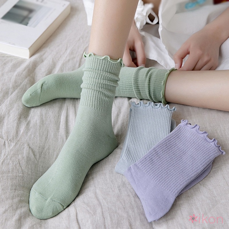 Vớ Cotton Màu Trơn Phối Ren Phong Cách Hàn Quốc Dễ Thương Dành Cho Nữ