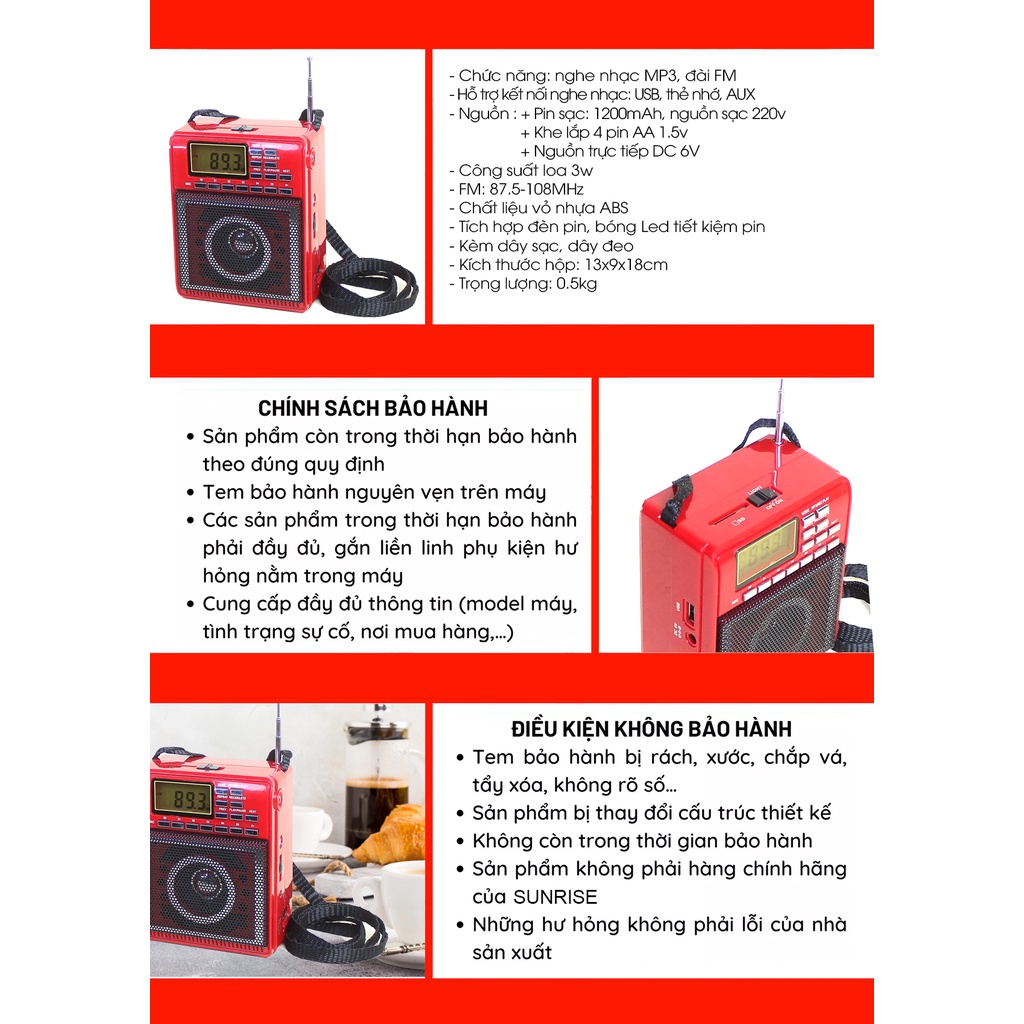 Máy nghe đài FM MH-88UR tích hợp đèn Led, Loa radio nghe nhạc MP3, Thẻ nhớ, USB - SUNRISE