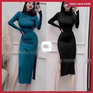 D179 - đầm body tay dài xẻ tà 2 bên