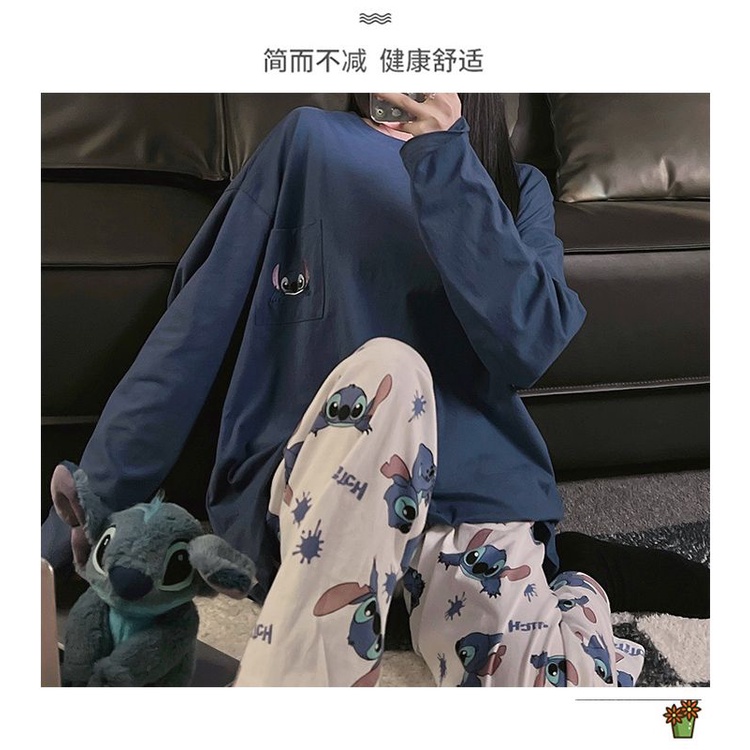 Bộ Đồ Ngủ In Hoạt Hình Stitch Phong Cách Nhật Bản Dễ Thương Thời Trang Xuân Thu Cho Nữ