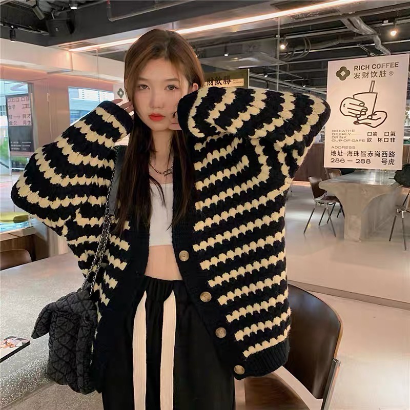 Áo khoác cardigan len kẻ ngang nữ form rộng dáng dài dày dặn bigsize phong cách Ulzzang Hàn Quốc trẻ trung