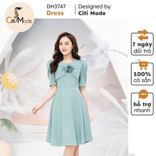 Đầm công sở CITI MODE FASHION thiết kế dáng xoè xanh tay lỡ đính hoa ngực DH3747