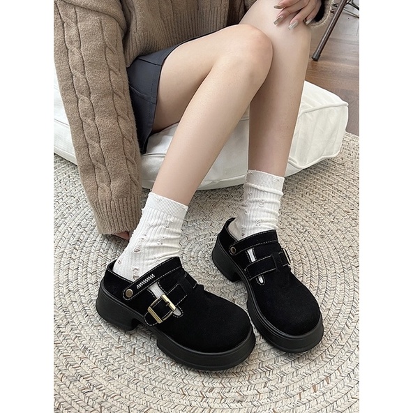 Giày sục lười da lộn có quai sau đế cao lót lông ấm áp Yannie Lolita