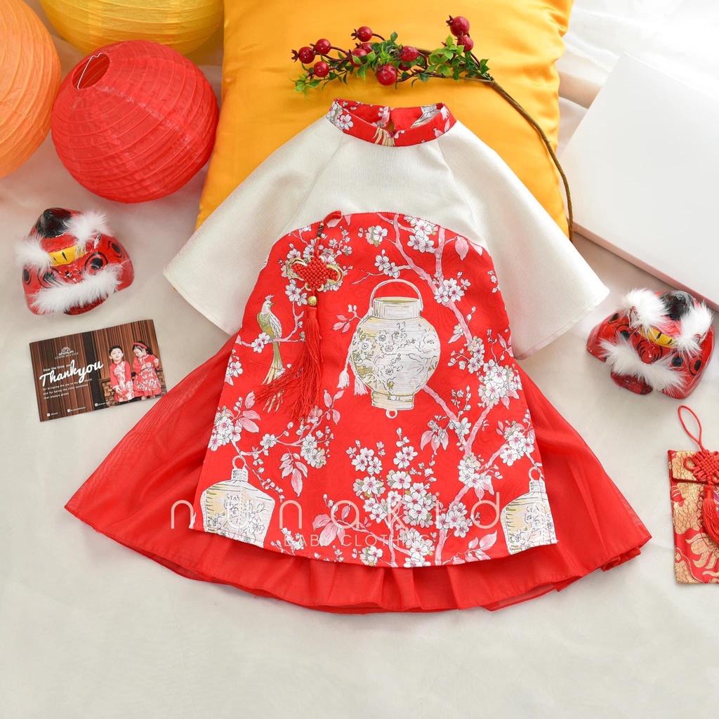Hàng Loại 1 - Áo Dài Têt Cách Tân Mộc Lan 4 Màu Phối Chân Váy Cho Bé Gái