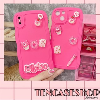 [ Có ip 15 ] Ốp lưng ip pro camera HỒNG NEON GỢN SÓNG kèm sticker nổi gấu dâu lotso siêu hot cute dành cho ip - [mã 28]