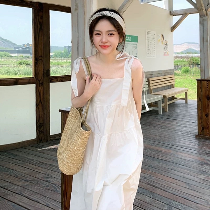 Váy 2 dây buộc nơ vai Ullzang Hàn Quốc ( ảnh thật) VÁY 2 DÂY BABYDOLL DÁNG XÒE đầm babydol nơ vai bản to cực xinh xắn