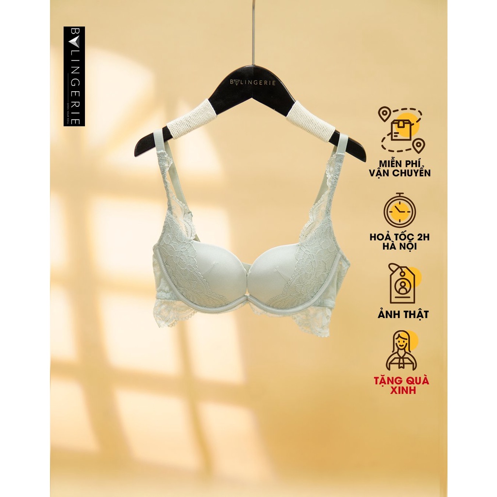 Bộ đồ lót ren nữ BY LINGERIE màu xanh mint và đen gọng dẻo mút dày B323