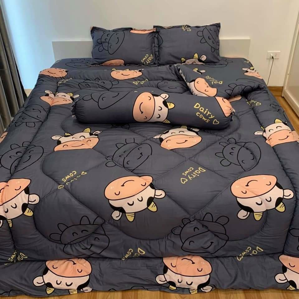 (Freeship 50k)  Full Set Chăn Phao 5 Món Ga Gối Poly loại 1 Chăn Bông Mẫu Thỏ Cute Tim Xanh Như Hình [Loại Bông Dày]