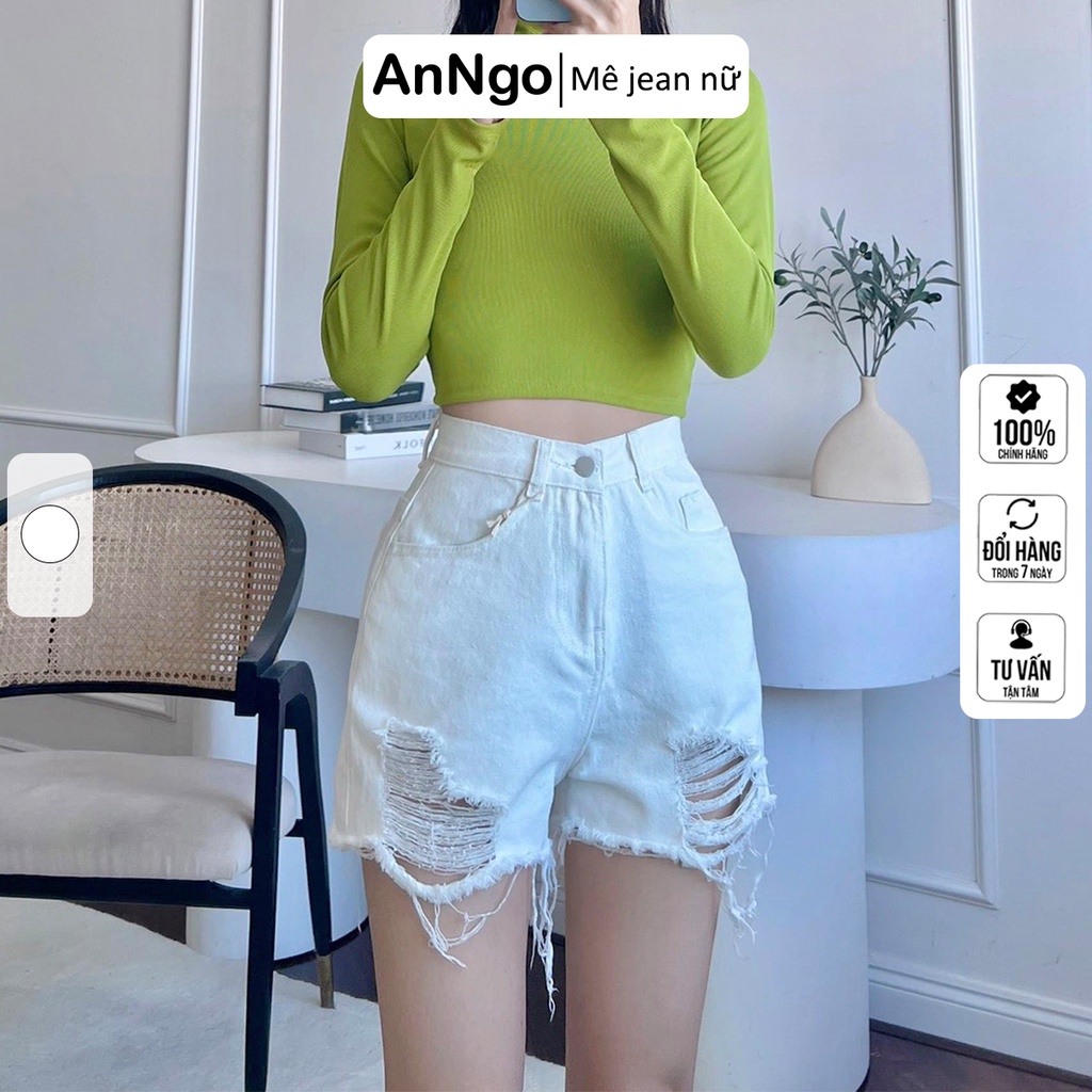 Quần short jean nữ trắng vải denim rách bền đẹp dễ phối đồ AnNgo - AT199 | BigBuy360 - bigbuy360.vn