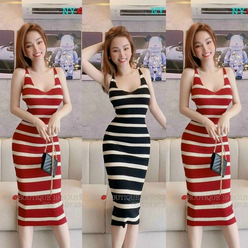 Đầm Ba Lỗ Sát Nách Cổ Vuông Kẻ Sọc Ngang - Dáng Dài Maxi Form Ôm Body Sexy - Basic Đơn Giản Dễ Mặc - Váy Hai Dây