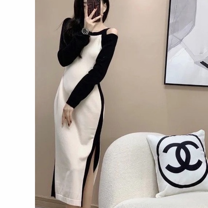 Đầm Dệt Kim Dáng Ôm Eo Cao Xẻ Tà Kiểu Retro Pháp Thời Trang Thu Đông Cho Nữ