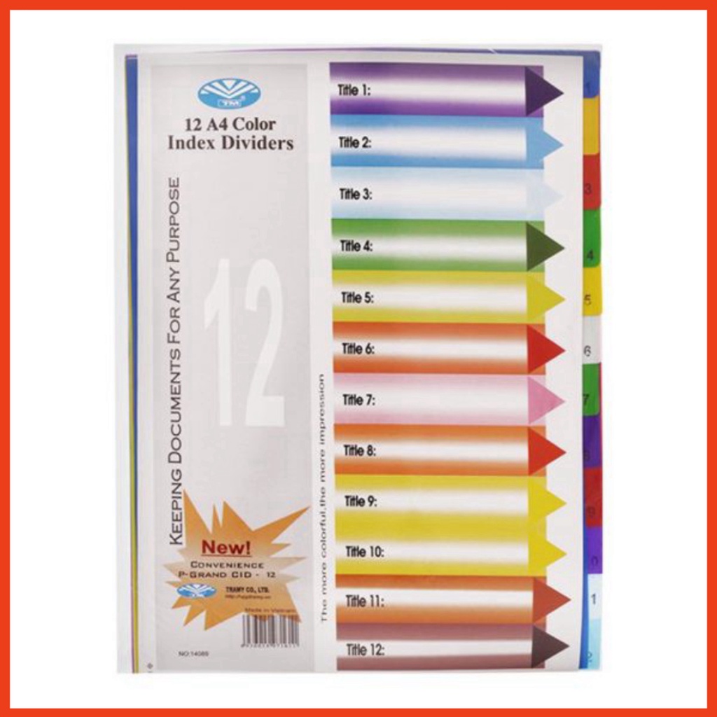 Chia file nhựa 12 màu, phân trang A4 có số (1 tệp 12 bìa)