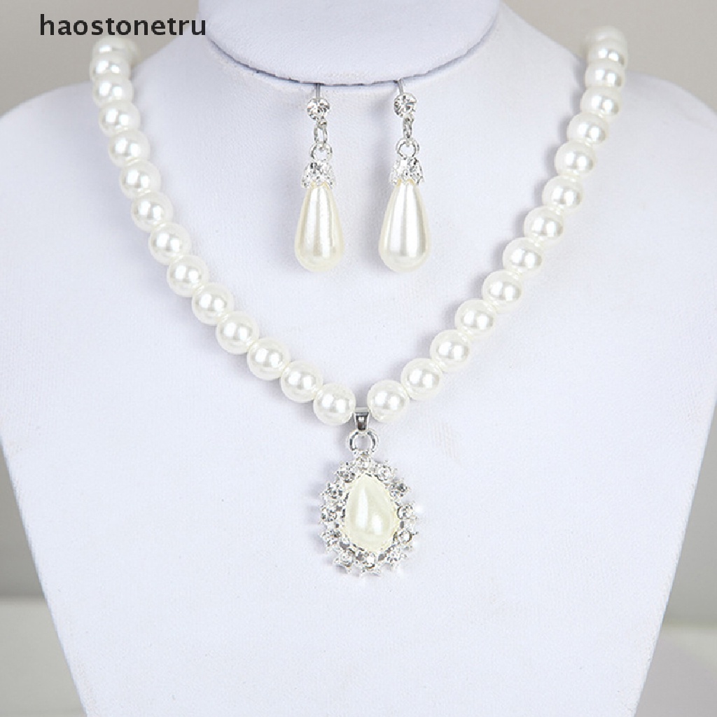 Bộ Vòng cổ + Bông Tai Đính Pha Lê & Ngọc Trai Hình Giọt Nước Thanh Lịch
