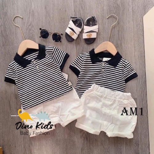 Quần áo bé trai, set bộ áo cotton kẻ cổ trụ kẻ phối quần trắng chất thô đũi mềm mại cho bé