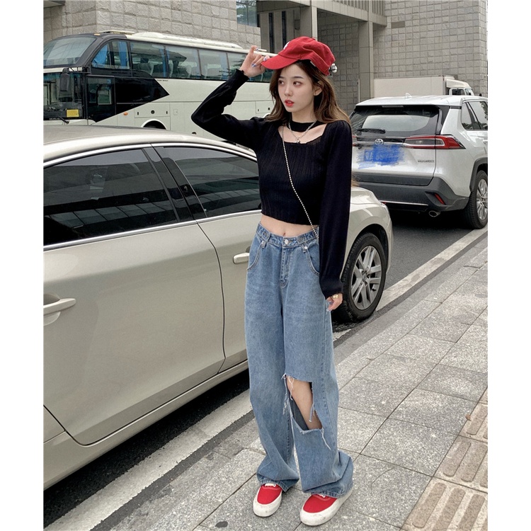 ZHELIHANGFEI Áo Dệt Kim Tay Dài Cổ Vuông Eo Cao Quyến Rũ Dễ Phối Đồ