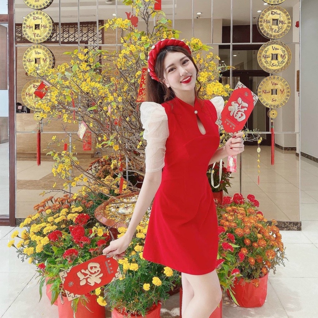 Đầm cổ tàu đi chơi tết tay phối voan xinh xắn