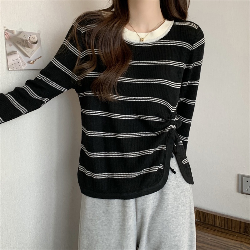 ZHELIHANGFEI Áo Sweater Tay Dài Kẻ Sọc Phối Dây Rút Cá Tính Thời Trang