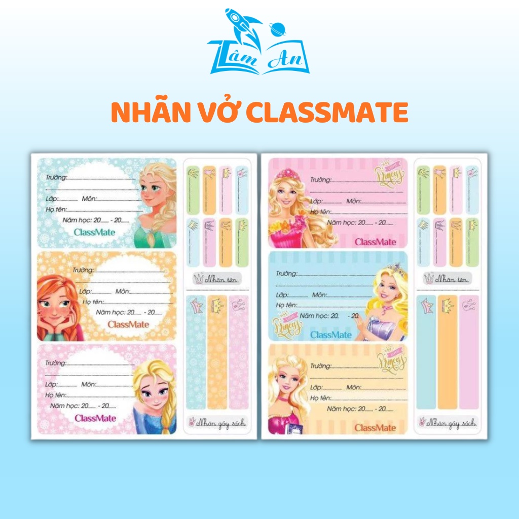 Nhãn vở có keo dán sẵn CLASSMATE Superkid, princess chất liệu giấy bóng nổi bật, bám dính tốt - nhà sách Tâm An