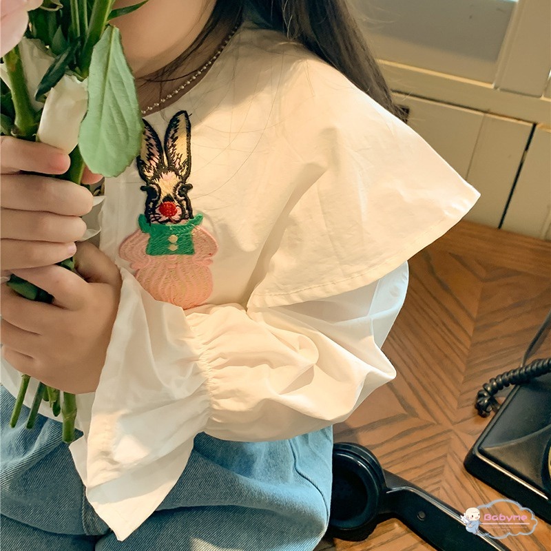 Áo Thun Tay Phồng Thêu Họa Tiết Thỏ Màu Sắc Xinh Xắn Thân Thiện Với Da Cho Bé Gái