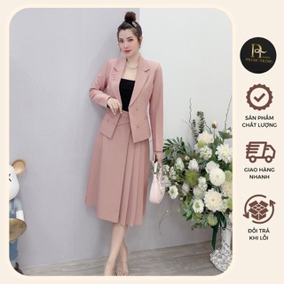 Set áo vest chân váy xếp ly công sở phong cách Hàn Quốc, Set vest chân váy midi chất Biên Nhật cao cấp